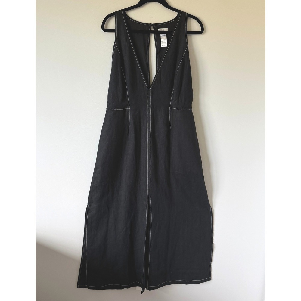 JETS Australia Black Linen Maxi Dress Contrast Stitch V-Neck Side Slit Size 10 L